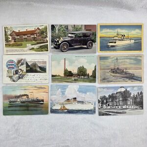 Vintage & Antique Postcards 9 Total: Stamps Boats Buildings Michigan Great Lakes